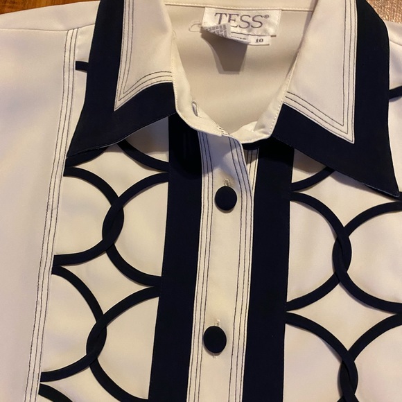 Tess Vintage Women’s White/Navy Button Blouse Size 10 - Picture 7 of 16